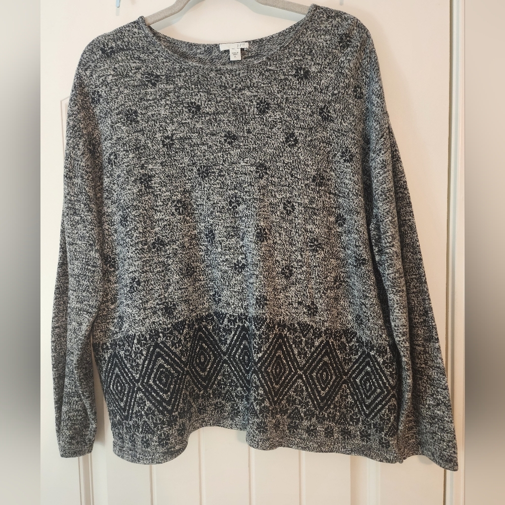 Women's J.Jill Gray Black Patterned Crewneck Sweater Cotton Wool Size XL Grandma